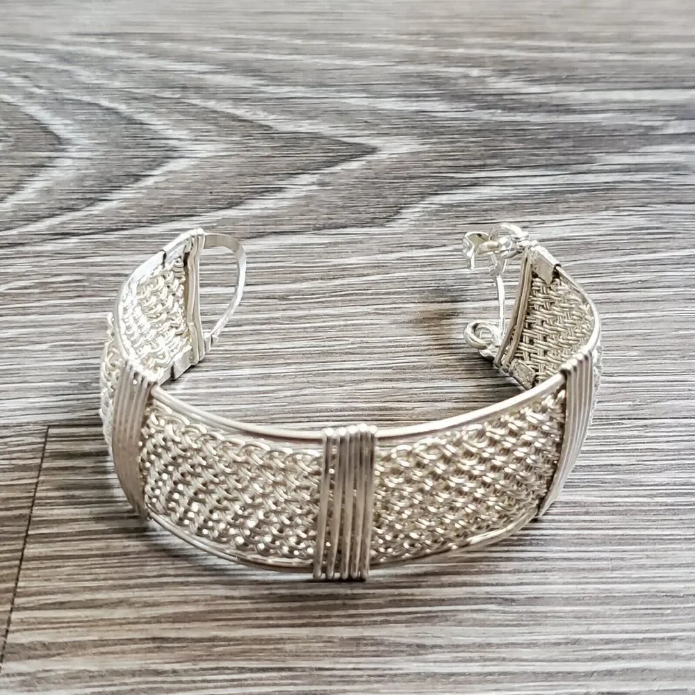 Handwoven 25mm Wide Textile Weave Sterling Silver Bracelet 42 Grams